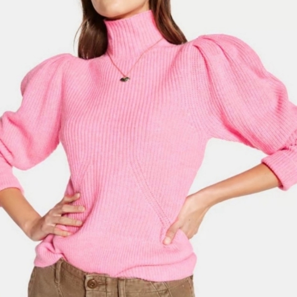 FRAME Women's Wool & Cashmere Puff Sleeve Turtleneck Sweater in Spanish Pink